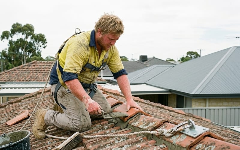 Roof Repairs Perth tradesman bedding a ridge cap into fresh mortar on a terracotta tiled roof, harness roped to a bolted roof anchor